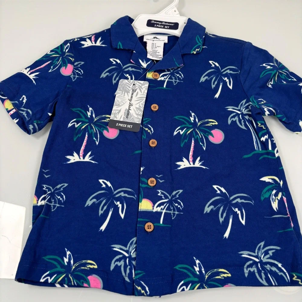 Tommy Bahama Kids Size 5 Blue Palm Tree Shirt & Sage Shorts 2 Piece Set NEW